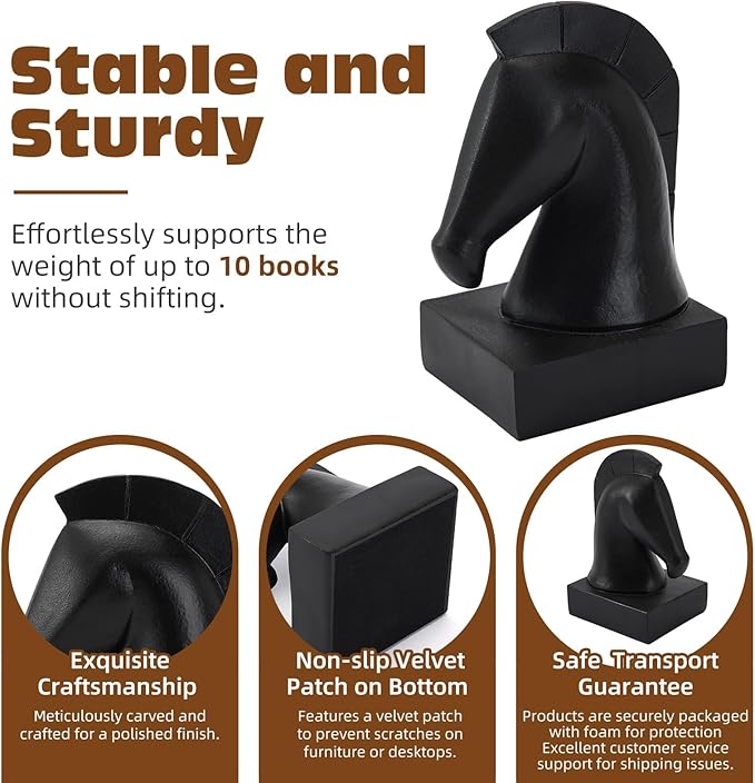 Black Horse Head Decorative Bookends - Heavy Duty Non-Slip Book Holders, Horse Statue Book Ends for Shelves, Modern Equestrian Ornaments for Home Farmhouse Shelves Office Lover Gift