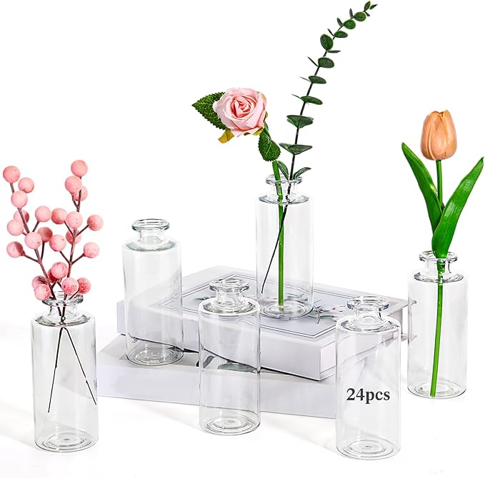 Honeydak Set of 24 Plastic Mini Bud Vases, Vintage Clear Decorative Vases Bulk for Table Centerpieces, Wedding Reception, Baby Shower, Home Decor, Housewarming Gift(Smooth)