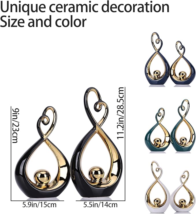 DOVDOV Modern Art Home Decor, Ceramic Abstract Sculpture 2 Piece Set, Black and Gold Statue Decoration, Gorgeous Home Decor for Rooms, Bookshelves, Coffee Tables with Decorative Aesthetics.