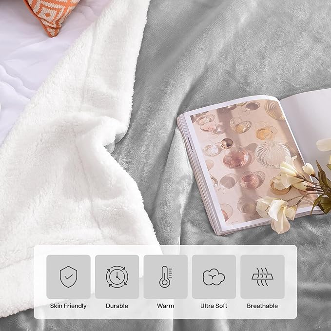 MOONLIGHT20015 Sherpa Throw Blanket - (Light Grey, 50X60 Inches) Soft and Warm Blankets for Winter Thick, Fluffy and Plush Blanket for Bed, Sofa, Camping and Travel