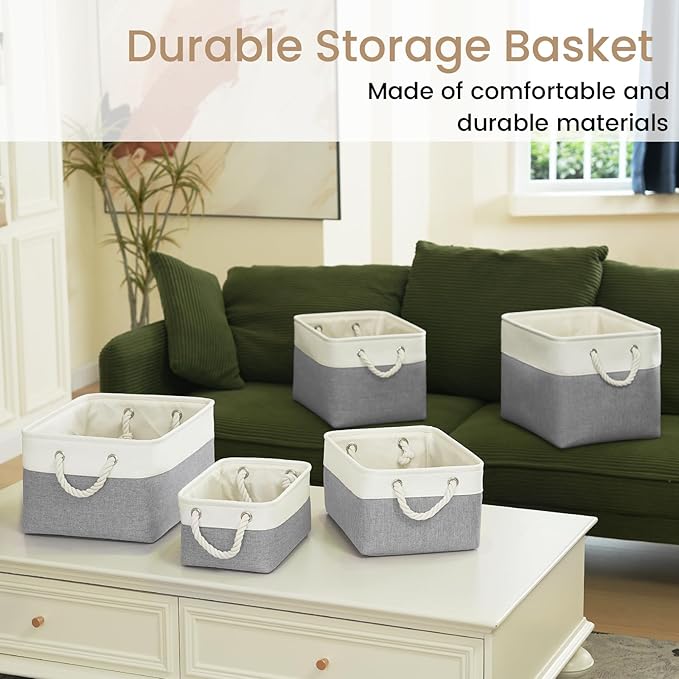 Storage Baskets for Shelves 11.8x7.9x5.2 Inch, Foldable Fabric Storage Bins with Handles, Small Storage Baskets for Organizing Closet, Office, Home Organization (1-Pack, White&Gray)