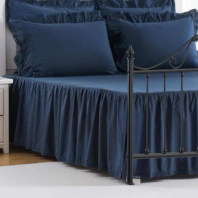 Vlocemon Queen Size 14 inch Drop Navy Blue Dust Ruffle, 100% Lightweight Cotton Ruffled Bed Skirt, French Coutry Style, Lace Ruffled Bed Skirt with Split Corners