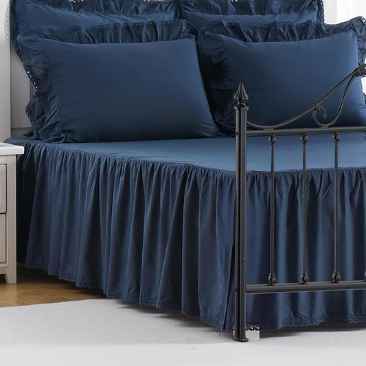 Vlocemon Queen Size 14 inch Drop Navy Blue Dust Ruffle, 100% Lightweight Cotton Ruffled Bed Skirt, French Coutry Style, Lace Ruffled Bed Skirt with Split Corners