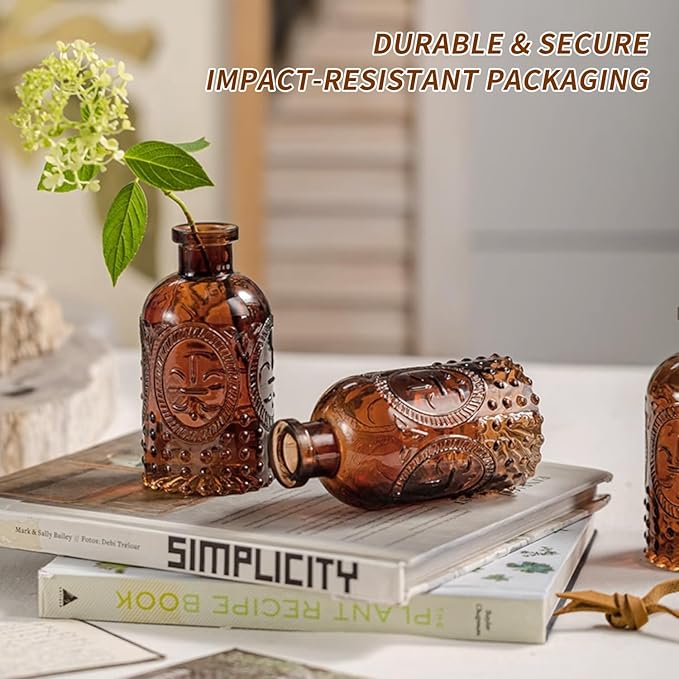 KUAGUINZUHE 12 Pcs Glass Bud Vase Set, Small Amber Vintage Flower Vases for Wedding Centerpieces in Bulk, Mini Embossed Vases for Home Table Decor, Party, Baby Shower Decorations