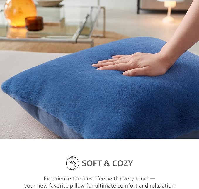 Pallene Faux Fur Plush Throw Pillow Covers 22x22 Set of 2, Soft Fluffy Couch Pillow Covers for Living Room, Navy Blue