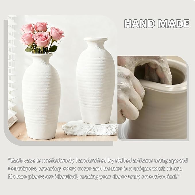Ceramic Farmhouse Vase, 14.4 Inch Large Handmade Rustic Flower Vase, Waterproof Tall Vase for Pampas Grass & Home Decor, Ideal for Living Room, Shelf, Wedding & Housewarming Gift in Off-White