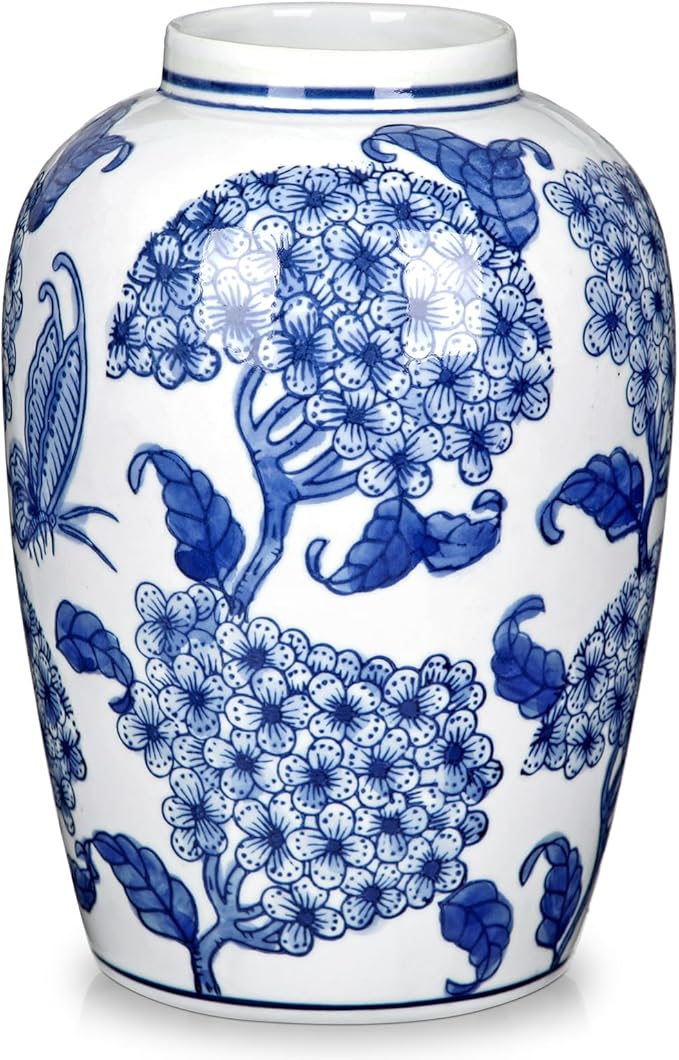 Blue and White Ceramic Vase, 8.4 Inch Hydrangea Decorative Flower Vase for Living Room Dining Table Centerpieces Bookshelf Farmhouse Chinoiserie Style Home Décor