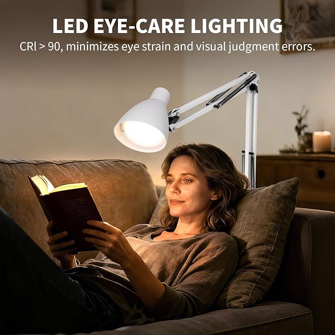 LED Desk Lamp with Clamp, 32" Architect Swing Arm Desk Lamp, Dimmable 5 Color Modes & 10 Brightness Task Light, Flexible Gooseneck Clip-on Table Lamps for Home Office Reading Nail Study Work, White