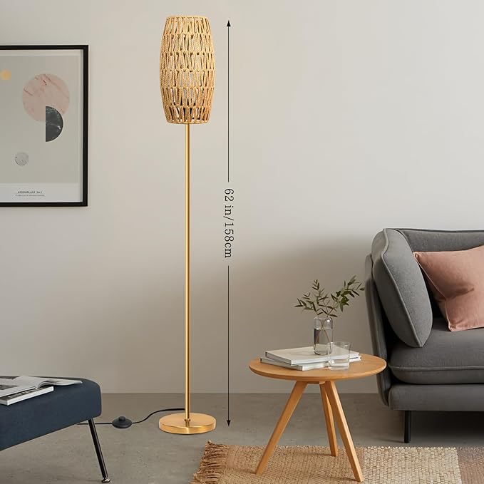 Floor Lamp for Living Room,Farmhouse Floor lamp,Modern Standing lamp with Hand-Worked Rattan Shade (Drum Rattan Shade Body Gold Color-3 Color Bulb)
