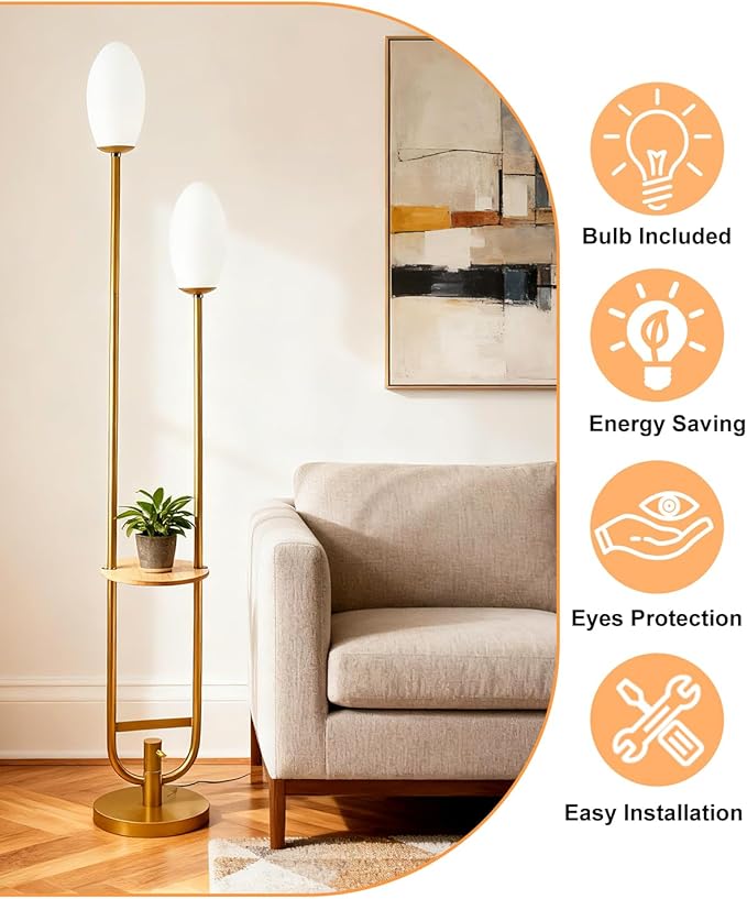 Lightdot Gold Dimmable Floor Lamp with 2 Oval Lampshades, Unique U-Shaped Tall Standing Lamps with Table& Warm White LED Bulbs, Mid Century Modern Floor Lamp for Living Room/Bedroom/Wedding/Party