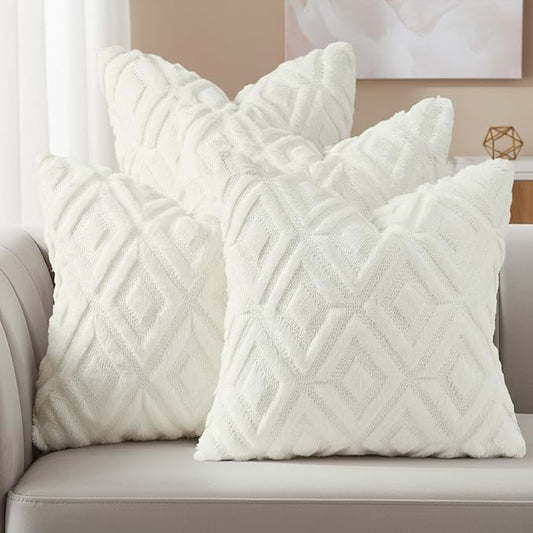 decorUhome Pack of 4 Faux Fur Throw Pillow Covers 16x16, Soft Decorative Couch Pillow Covers with Velvet Back for Modern Sofa Living Room, Cream White