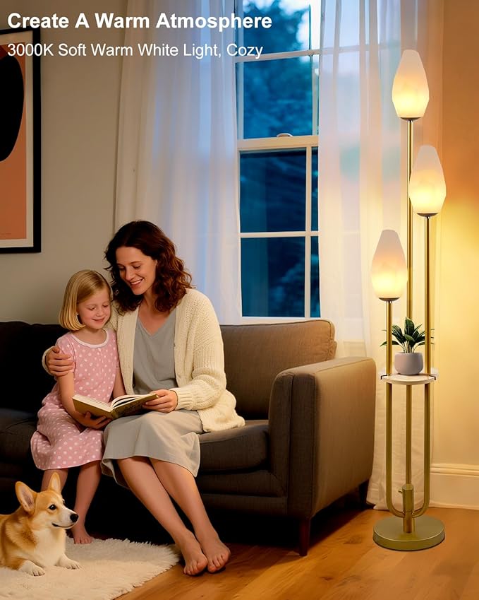 Lightdot Floor Lamp with Tray, 3-Lights Dimmable Floor Lamps with Rock-Shaped Shade, Unique Candle Holder Style Gold Modern Tall Lamp for Living Room/Party(Bulbs Included)
