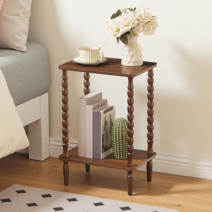 HOOBRO End Tables Set of 2, 2-Tier Small Side Table with Spindle Legs, Nightstand with Storage Shelves, Sofa Side Table, for Living Room, Bedroom, Small Space, Walnut WL189BZP201