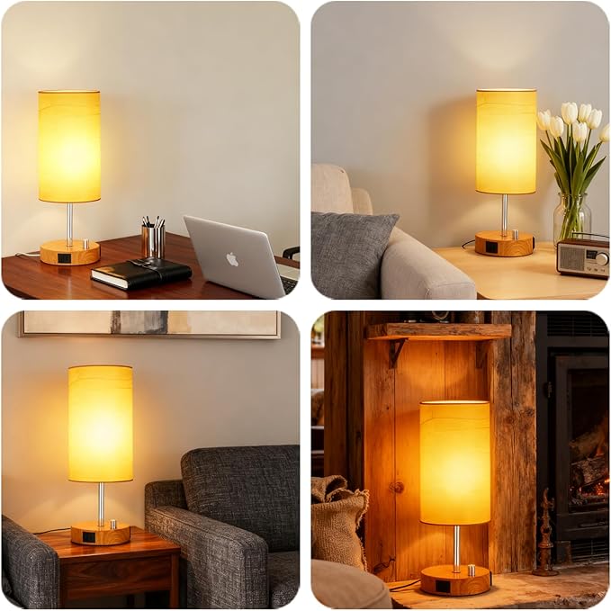 HiBay 2-Pack 17.75" Dimmable Bedside Table Lamps with 2 USB Charging Ports & AC Outlet, Rustic Wood-Grain Nightstand Lights with Parchment Shade for Bedroom Living Room Dorm, Bulb Included