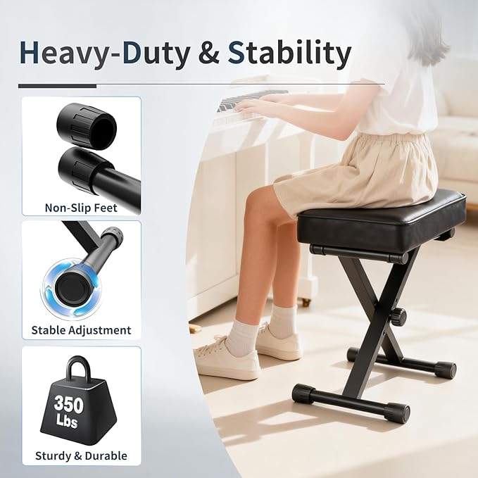 Keyboard Bench Adjustable Piano Stool - 3 Levels of Height,Thickened 3.5inch Cushion,Comfortable and Supportive,Portable Piano Bench,Non-Slip and Durable,Suitable for Beginners&Outdoor Players (Black)