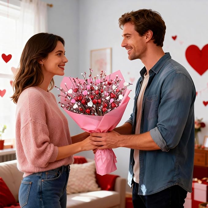 Yunfan 6Pcs Valentines Day Decorations Valentines Decor Red Pink White Heart Shaped Berry Picks Artificial Flowers for Valentines Day Gifts Wedding Home Decor 17in