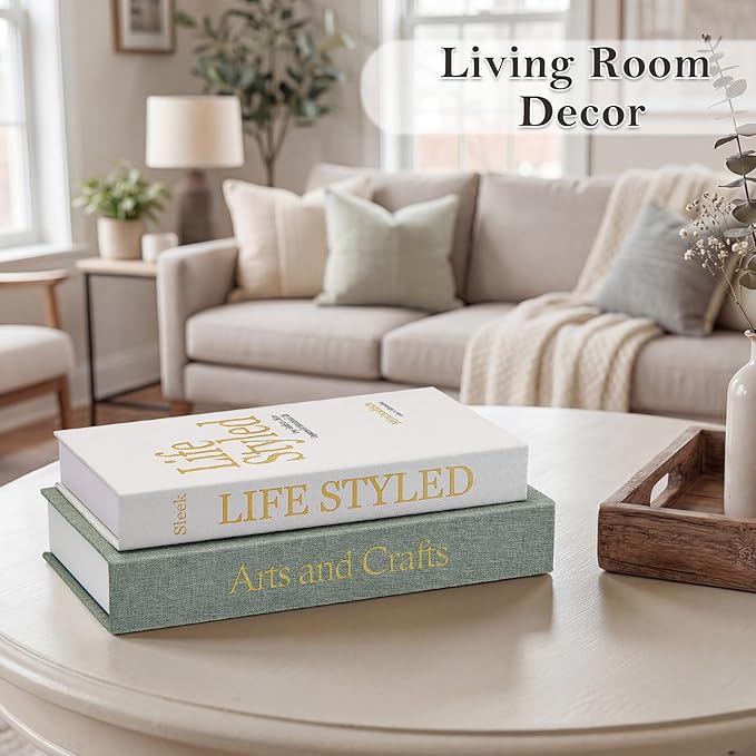 Decorative Book for Coffee Table: Linen Fabric with Gold Foil Faux Books - Set of 2 Boxes with Hidden Storage Solves Clutte - Neutral Modern Style