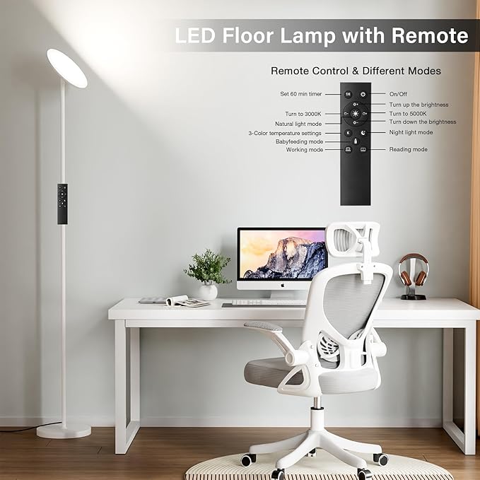 PreeOtti Modern LED Floor Lamp - Remote & Touch Control, Sky Torchiere Standing Lamp, Fully Dimmable, 3 Color Temperatures, Ideal for Living Room & Bedroom, Easy to Assemble(White)