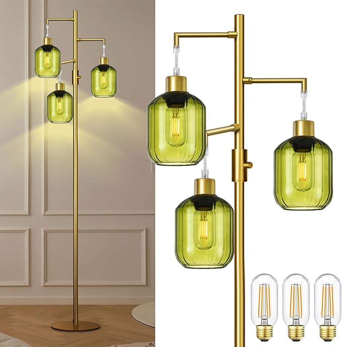LVYE Glass Floor Lamps for Living Room, Modern Standing Lamps with Green Shade, Dimmable Green Tall Floor Lamp, Mid Century Gold 3 Lights Tall Tree Lamp with 3 LED Bulbs