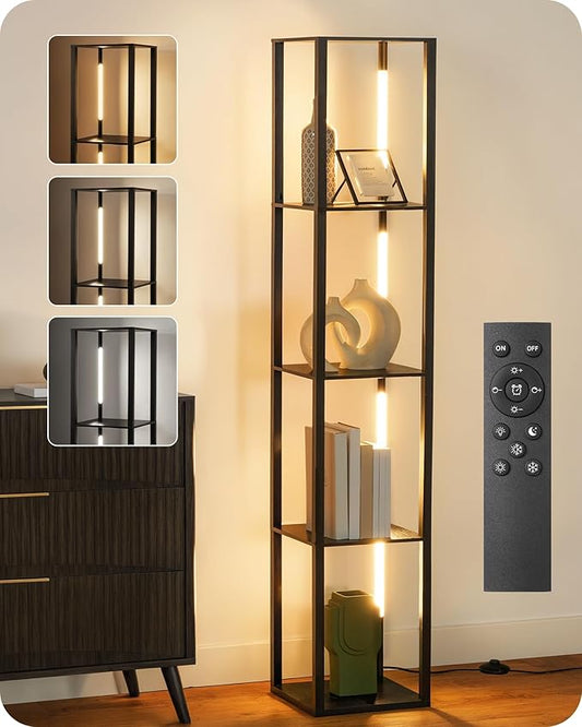 GOEBLESON 64.2" Display Shelf with Light, Modern Corner Floor Lampe with Shelves, LED Dimmable Standing Lamp with Remote for Living Room, Bedroom, Office, Adjustable CCT, Black Square B51LD05