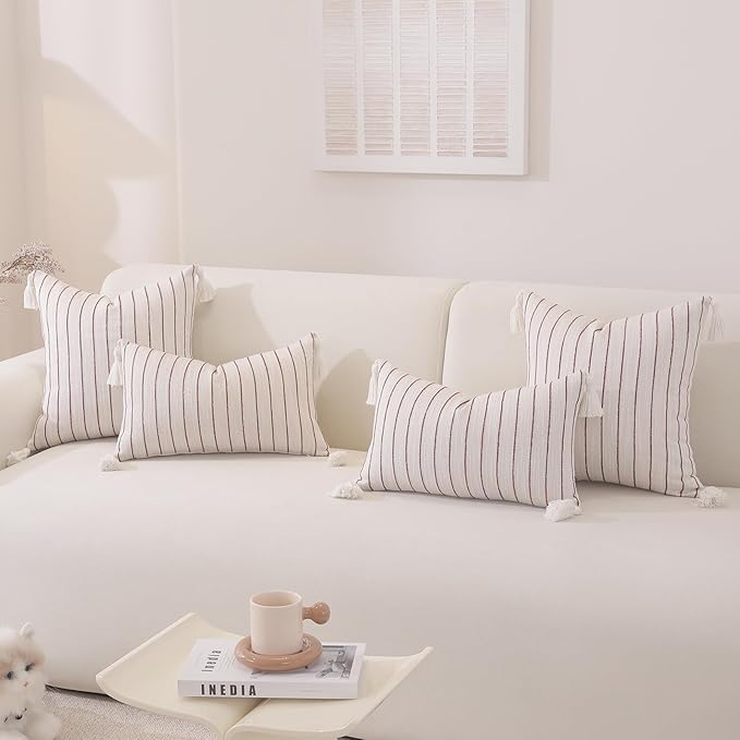 QDTTSRY Decorative Boho Throw Pillow Covers 18x18 Inch Set of 2, Textured Linen Striped Pillow Covers with Tassels, Soft & Cozy Farmhouse Decorative Pillow Cases for Sofa Couch Bed Living Room