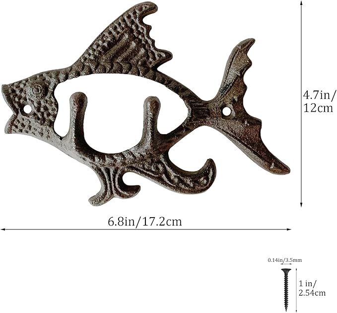Rustic Fish-Shaped Decorative Wall Hook Rack Hangers for Hanging Clothes, Coats, Towels, Keys, and Hats, 1 Pack Antique Cast Iron Mounted Wall Hooks