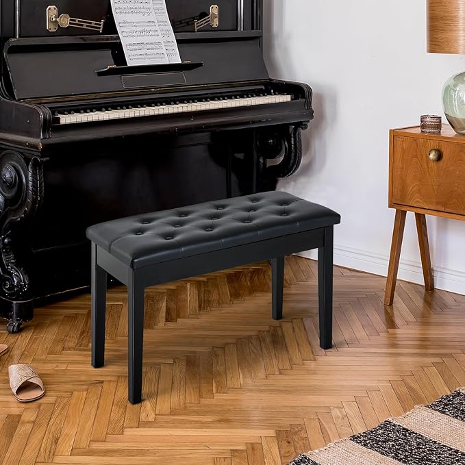 HOMCOM Piano Bench, Duet Piano Chair with Faux Leather Padded Cushion and Wooden Frame, Button Tufted Keyboard Bench, Black