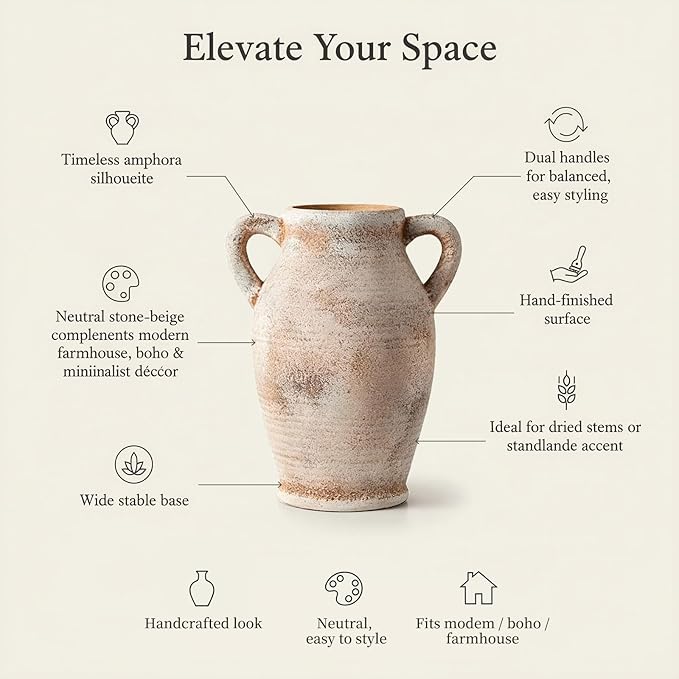8.1-Inch Ceramic Flower Vase with Handles – Small Terracotta Rustic Farmhouse & Boho Pottery Vase for Table, Shelf, Living Room Decor