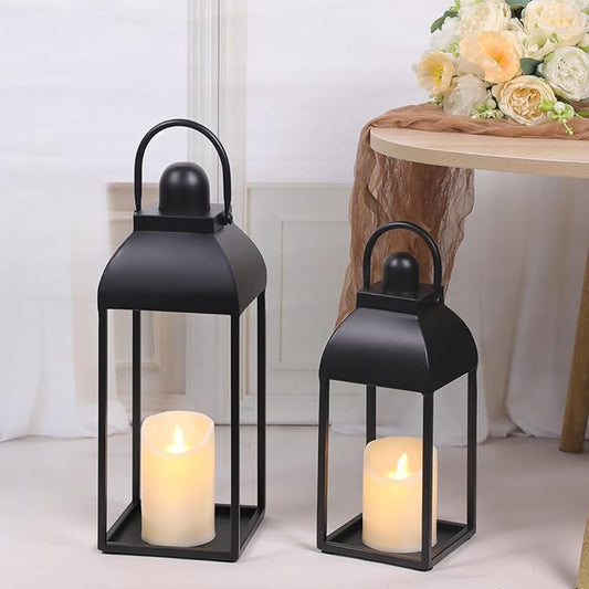 Lanterns Decorative Outdoor Indoor, Black Metal Outdoor Lanterns, 17'' 13'' Set of 2 Modern Farmhouse Candle Lantern Christmas Lanterns Centerpieces for Home, Wedding, Patio, Porch, Mantel