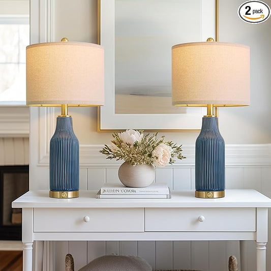 24.5" Modern 3-Way Dimmable Touch Control with USB A+C Ceramic Lamps Set of 2 Table Lamp for Living Room Bedroom Farmhouse Nightstand Bedside Blue