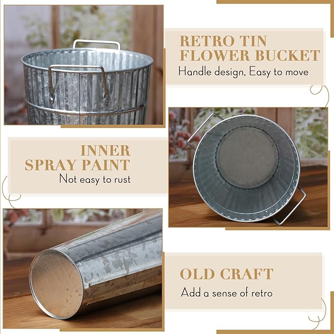 Layhit 6 Pcs 12 Inch Galvanized Flower Buckets Metal Flower Vases with Handle Farmhouse French Bucket Planter Floral Container for Flowers Wedding Bridal Shower Home Table Decor(Retro Steel Color)