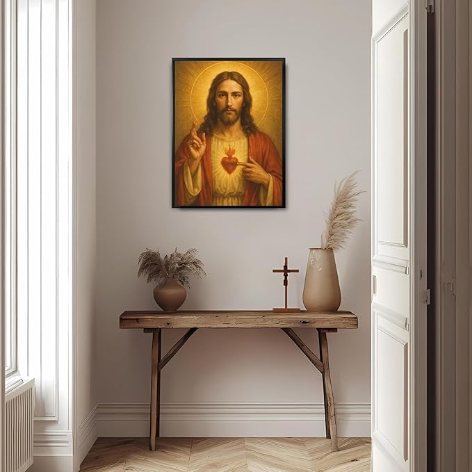 Framed Sacred Heart of Jesus Canvas Wall Art Divine Mercy Wall Decor Jesus Portrait Painting Christian Religious Artwork Catholic Poster Prints for Bedroom Living Room Prayer Room Church 12x16in
