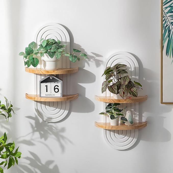 Boho Shelves Wall Decor: 22inch Decorative Floating Shelves with Ledge Mid Century Modern MCM Hanging Shelf for Displaying Plants Small Items