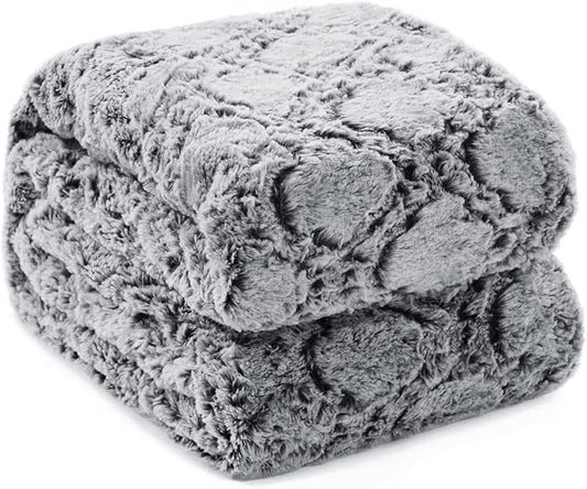 KAWAHOME Faux Fur Blanket Queen Size Winter Ultra Luxury Soft Cozy Warm Fluffy Plush Faux Rabbit Fur Blankets Quatrefoil Pattern for Couch Sofa Bed, 90" X 90" Dark Grey