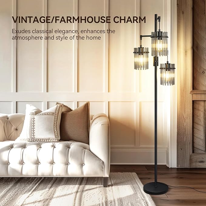 VOUTOORO Industrial Modern Floor Lamps for Living Room, Dimmable Glass Tree Standing Tall Lamps with 3 Elegant Teardrop Cage Head & 1200 Lumens LED Bulbs for Bedroom Office (66inch Tall)