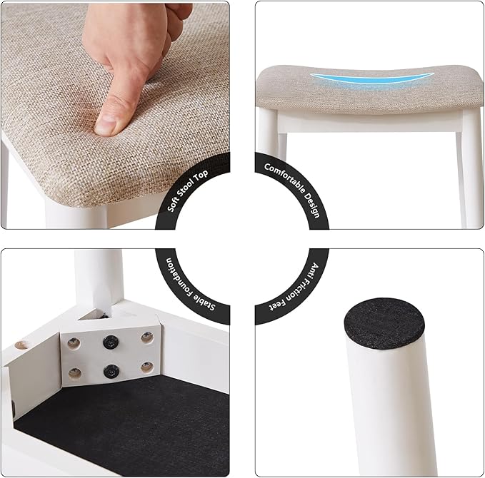 IBUYKE Saddle Cushion Vanity Stool Chair, Foot Rest Stool with Solid Wood Legs, Modern Vanity Bench Ottoman for Piano, Upholstered Seat for Bedroom, Entryway, White Legs&Light Linen WBD007WY