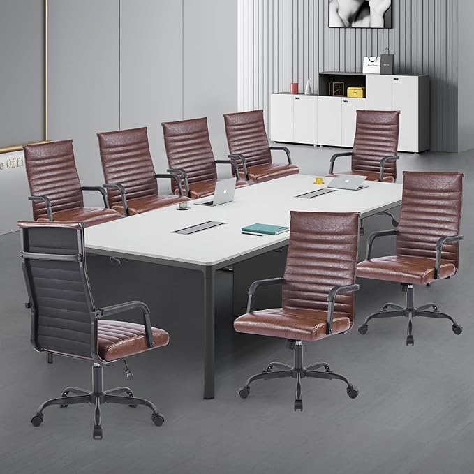 Haranuo Office Chair, Ergonomic Executive Conference Room Chairs, Ribbed Leather Desk Chair with Lumbar Support, Adjustable Height Mid-Back Swivel Chair with Padded Seat and Square Tube Armrests