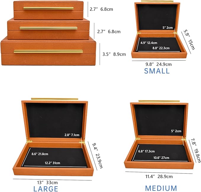 Faux Shagreen Decorative Storage Boxes – Set of 3 Stackable Jewelry Organizers with Gold Metal Handles & Velvet Lining, Modern Burn Orange Box for Vanity, Entryway & Coffee Table Décor