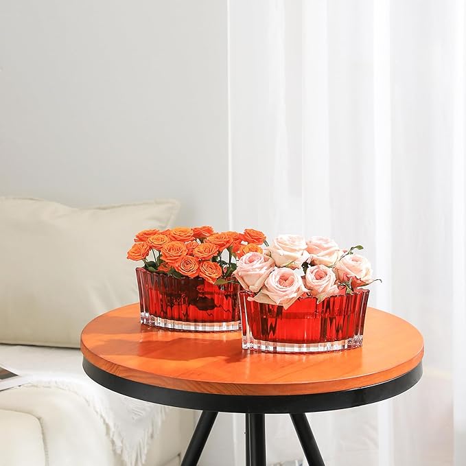 MCMCNCUIU Crystal Vases for Centerpieces, Flower Vases for Wedding Centerpieces, Red Glass Vase for Flowers, Curve Small Vase for Living Room, Bedroom, Kitchen, Dining Table, Set of 2