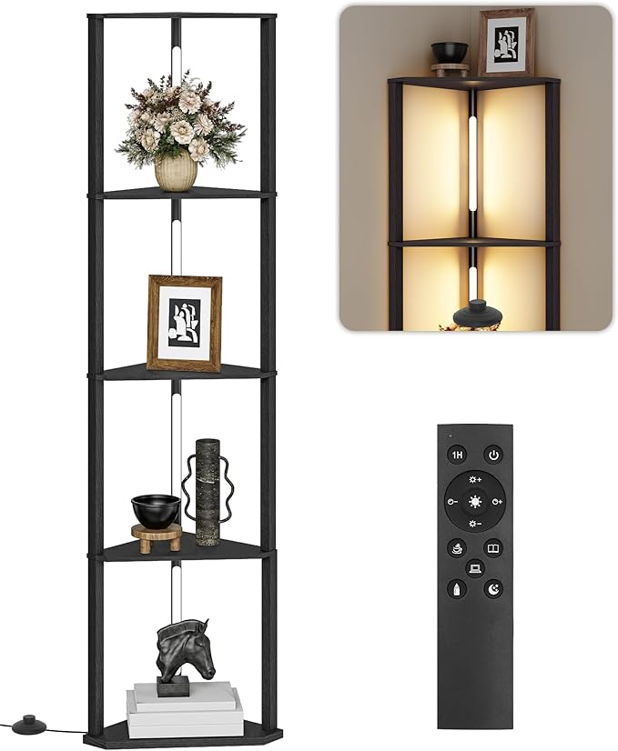 GOEBLESON 63.4” Display Shelf with Light, Modern Corner Floor Lampe with Shelves, LED Dimmable Standing Lamp with Remote for Living Room, Bedroom, Office, Adjustable CCT, Black Triangle B55LD05
