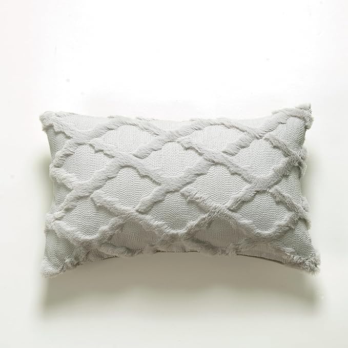EMMTEEY Striped Boho 12X20 Pillow Covers Set of 2 - Fluffy Single-Sided Embroidery Sofa Decor, Wrinkle-Free Pillow Case for Modern Farmhouse Living Room, Grey
