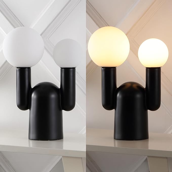 JONATHAN Y JYL4063A Leif 19" 2-Light Modern Mid-Century Resin/Iron/Frosted Glass Nordic Cactus LED Table Lamp, Black, for Living Room, Office, Bedroom