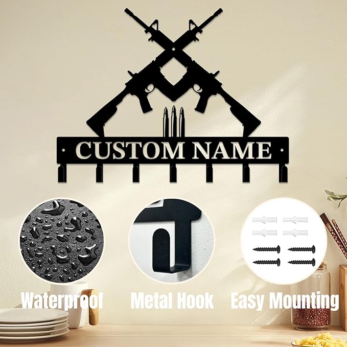 Personalized Custom Name Gun Wall Hooks,Metal Gun Room Art Clothes Hooks,Metal Gun Wall Home Storage Decorative,For Front Door, Hallway, Kitchen, Bedroom,Keys,Hats (Style J)