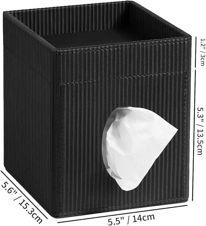 Square Tissue Box Cover with Tray, PU Leather Tissue Box Holder Decorative Cube Tissue Holder for Bathroom Bedroom Office (Black)