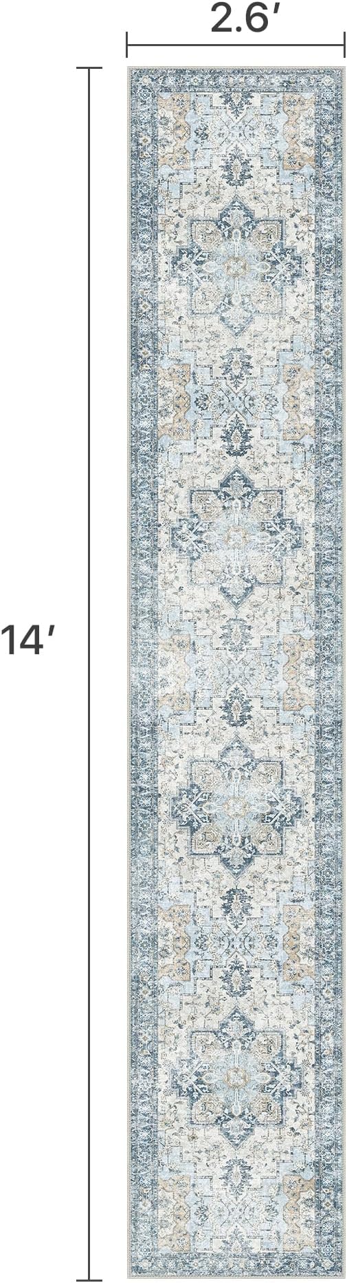 BESBLEE Runner Rug 2'6''x14, Non Slip Vintage Machine Washable Hallway Runner Rugs, Low Pile Lightweight Mat for Hallway, Entryway, Bedroom, Kitchen and Corridor, Blue