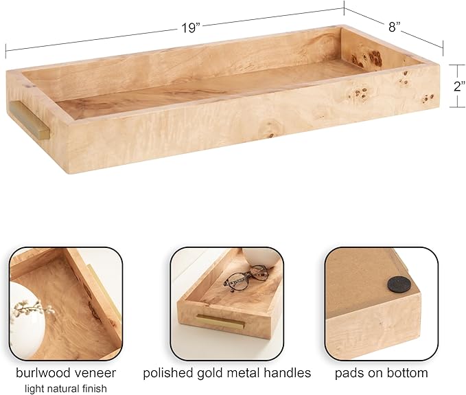 Kate and Laurel Burlock Modern Decorative Burlwood Rectangle Tray with Handles, 8 x 19, Natural Wood and Gold, Transitional Rectangular Tray for Use as Entryway Tray Decor or Ottoman Serving Tray