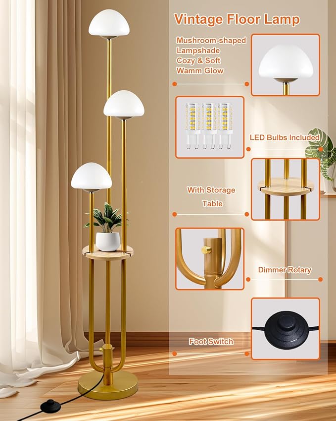Lightdot Gold Dimmable Floor Lamp with Table, Modern Floor Lamps for Living Room, 3000K Soft Lights Tall Standing Lamp with Mushroom Shades & Bulbs for Bedroom/Office