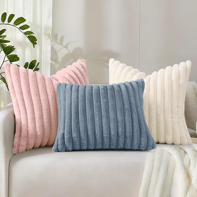 decorUhome Faux Fur Spring Throw Pillow Covers 20x20 Set of 2, Decorative Soft Plush Striped Neutral Couch Pillow Covers with Velvet Back for Sofa, Bed, Living Room Home, Cream White