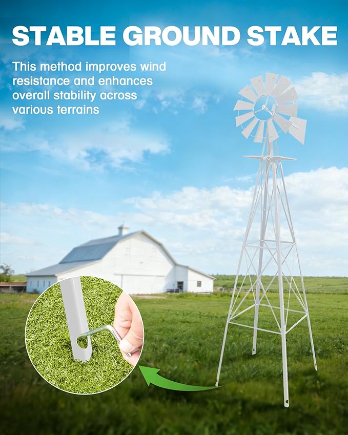 8FT Windmill for Yard Garden Decoration with Weather Vanes，Heavy Duty Outdoor Wind Mills, Large Metal Outdoor Windmill,Weather Resistant,White