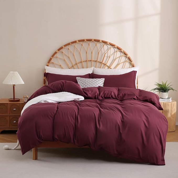 JSD Burgundy Duvet Cover Set King Size, 3 Piece Duvet Cover with Pillow Shams, Soft Brushed Microfiber Zipper Closure, Comforter Not Included